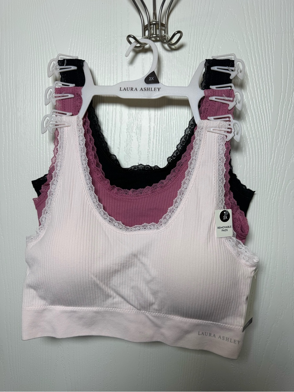 Laura Ashley Lace-Trim Ribbed Bralette Set - Light Pink, Mauve, Black